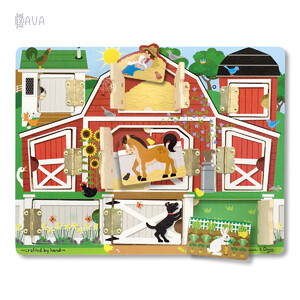 Розвивальні іграшки: Дерев'яна дошка з віконцями «Мешканці ферми», Melissa & Doug