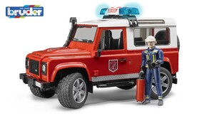 Машинки: Позашляховик Land Rover Defender Station Wagon пожежний з фігуркою синій, червоний, Bruder