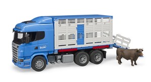 Міська та сільгосптехніка: Набір ігровий: автомобіль для перевезення тварин Scania R-Series з фігуркою корови, Bruder