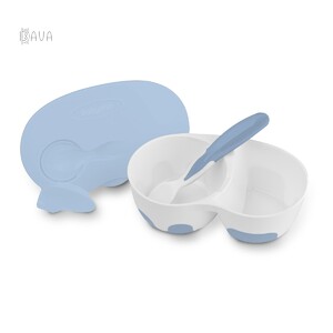 Набір дитячого посуду: ложечка і двокамерна мисочка, блакитна, BabyOno