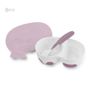 Детская посуда и приборы: Набор детской посуды: ложечка и двухкамерная мисочка, розовая, BabyOno