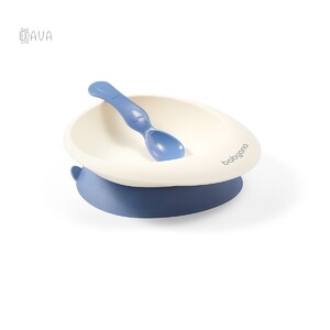Детская посуда и приборы: Мисочка на присоске с ложечкой в комплекте, бело-синий, BabyOno