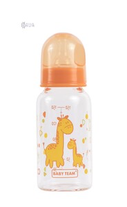Поильники, бутылочки, чашки: Бутылочка для кормления стеклянная с силиконовой соской, Baby team (оранжевый, 150 мл)