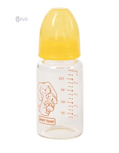 Поильники, бутылочки, чашки: Бутылочка для кормления стеклянная с силиконовой соской, Baby team (зайчик, 150 мл)