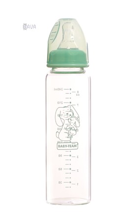 Пляшечки: Пляшка для годування скляна з силіконовою соскою, Baby team (зайчик, 250 мл)