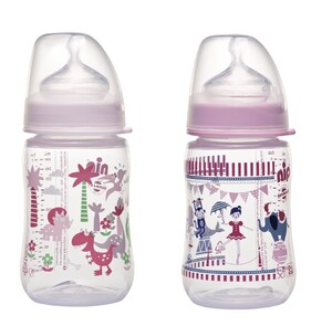 Поїльники, пляшечки, чашки: Пляшечка з широким горлечком анатомічна, силіконова, рожева, 0-6 міс., 260 мл, Nip