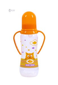 Бутылочка для кормления с силиконовой соской и ручками, Baby team (оранжевый, 250 мл)