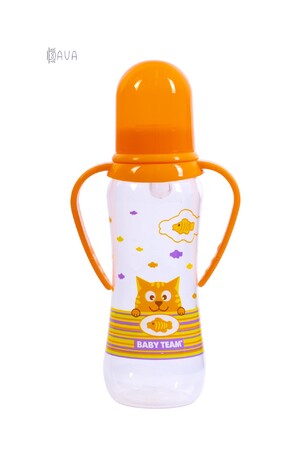 Пляшечки: Пляшка для годування з силіконовою соскою й ручками, Baby team (помаранчевий, 250 мл)