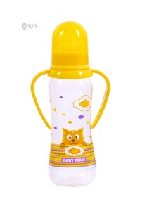 Бутылочки: Бутылочка для кормления с силиконовой соской и ручками, Baby team (желтый, 250 мл)