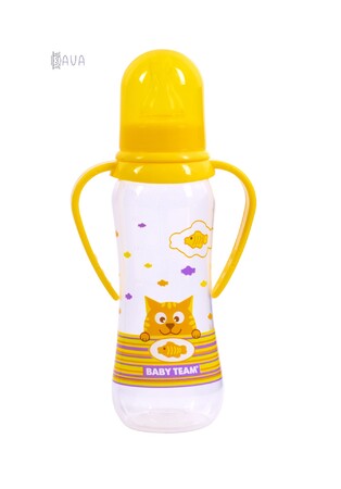 Пляшечки: Пляшка для годування з силіконовою соскою й ручками, Baby team (жовтий, 250 мл)