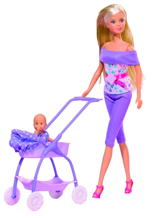 Ляльки: Лялька Штеффі у фіолетовому та коляска з малюком, Steffi & Evi Love