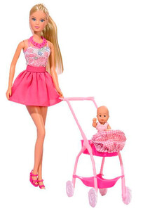 Ляльки: Лялька Штеффі в рожевому та коляска з малюком, Steffi & Evi Love