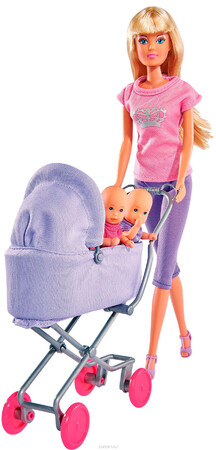 Куклы: Кукла Штеффи в бриджах с детьми в коляске, Steffi & Evi Love