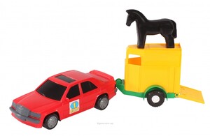 Игры и игрушки: Игрушечная машинка, авто-мерс красный с прицепом и лошадкой, Wader