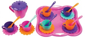 Игрушечная посуда и еда: Ромашка, набор посуды с чайником и розовый подносом, 22 предмета. Тигрес