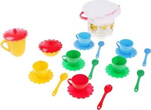 Игрушечная посуда и еда: Ромашка, набор посуды с желтым чайником в ведерке, 23 предмета. Тигрес