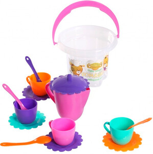 Игрушечная посуда и еда: Ромашка, набор посуды с розовым чайником в ведерке, 15 предметов. Тигрес