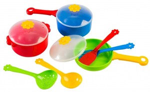Игрушечная посуда и еда: Ромашка, набор столовой посуды 10 предметов, с красной кастрюлей. Тигрес