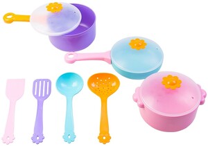 Игрушечная посуда и еда: Ромашка, набор столовой посуды 10 предметов, с розовой кастрюлей. Тигрес