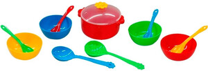 Игрушечная посуда и еда: Ромашка, набор столовой посуды 12 предметов, с красной кастрюлей. Тигрес