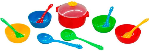 Игрушечная посуда и еда: Ромашка, набор столовой посуды 12 предметов, с красной кастрюлей. Тигрес