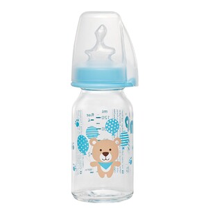 Стеклянная антиколиковая бутылочка «Мишка», голубая, S, 125 мл, Nip
