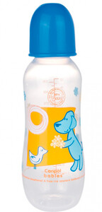 Поильники, бутылочки, чашки: Бутылочка 330 мл Веселые зверята с узким горлышком (синяя крышечка), Canpol babies