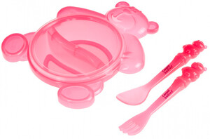 Тарелка Медвежонок с вилкой и ложкой розовая - набор, Canpol babies