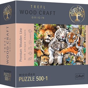 Пазли і головоломки: Пазл дерев'яний «Дикі коти в джунглях, фігурні деталі», 500+1 ел., Trefl