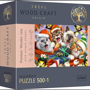 Дерев'яні: Пазл дерев'яний «Різдвяні котики, фігурні деталі», 500+1 ел., Trefl