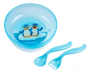 Наборы посуды: Тарелка на присоске с крышкой, ложкой и вилкой - голубой набор с пингвинами, Canpol babies