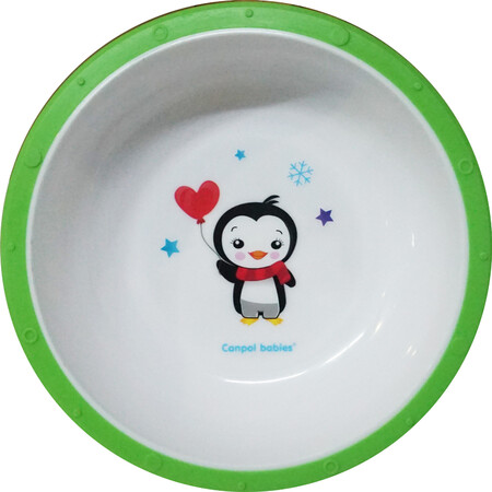 Тарелки: Тарелка-миска пластиковая с нескользящим дном Пингвин, с зеленым ободком, Canpol babies