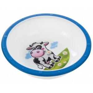 Тарілки: Тарелка-миска пластиковая с нескользящим дном Корова, с синим ободком, Canpol babies
