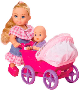 Ляльки: Еві з малюком в рожевому візку Steffi & Evi Love