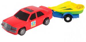 Іграшкова машинка, авто-мерс червоний з причепом і човном