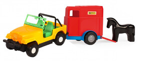 Игры и игрушки: Игрушечная машинка авто-джип с прицепом и лошадкой