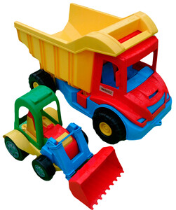 Міська та сільгосптехніка: Вантажівка з трактором (червоний-жетлий)