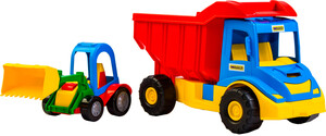 Машинки: Вантажівка з трактором (синій-червоний)
