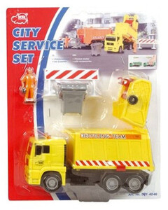 Ігри та іграшки: Автомобіль Сміттєвоз жовтий з контейнером і огорожею, 22 см