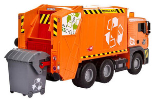 Игры и игрушки: Автомобиль Мусоровоз оранжевый с контейнером и ограждением, 22 см