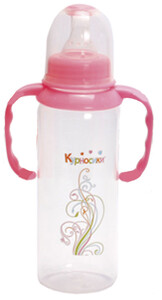 Поильники, бутылочки, чашки: Бутылочка круглая с ручками (розовая), 250 мл