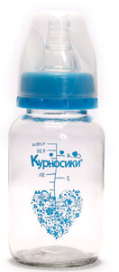 Поильники, бутылочки, чашки: Бутылочка стеклянная с силиконовой соской (синяя), 130 мл
