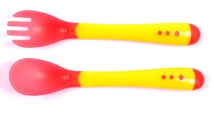 Детская посуда и приборы: Ложка и вилка (желтый с красным)