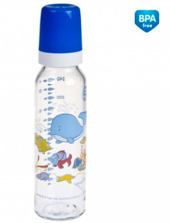Бутылочки: Бутылочка стеклянная, 240 мл, голубая с китом, Canpol babies