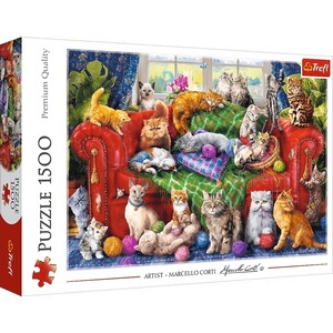 Пазли і головоломки: Пазл «Коти на червоному дивані», 1500 ел., Trefl