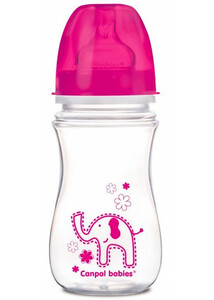 Пляшечки: Антіколіковая пляшечка EasyStart Кольорові звірята (малинова кришка), 240 мл, Canpol babies