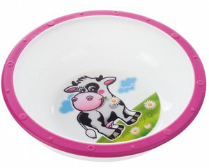 Дитячий посуд і прибори: Тарелка-миска пластиковая с нескользящим дном Корова, с розовым ободком, Canpol babies