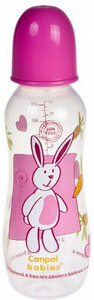 Поильники, бутылочки, чашки: Бутылочка 330 мл Веселые зверята с узким горлышком (розовая крышечка), Canpol babies