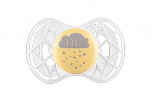 Пустышки: Пустышка Air55 Cool 6m+ симметрическая  "облако LOVE" желто-серая Nuvita