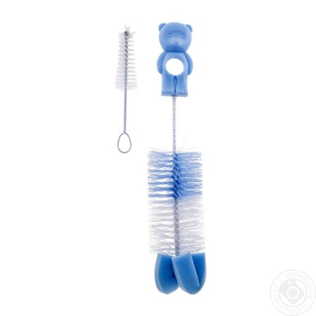 Принадлежности для мытья бутылочек: Ершик с двумя щеточками и губкой для бутылочек и сосок Мишутка, голубой, Canpol babies
